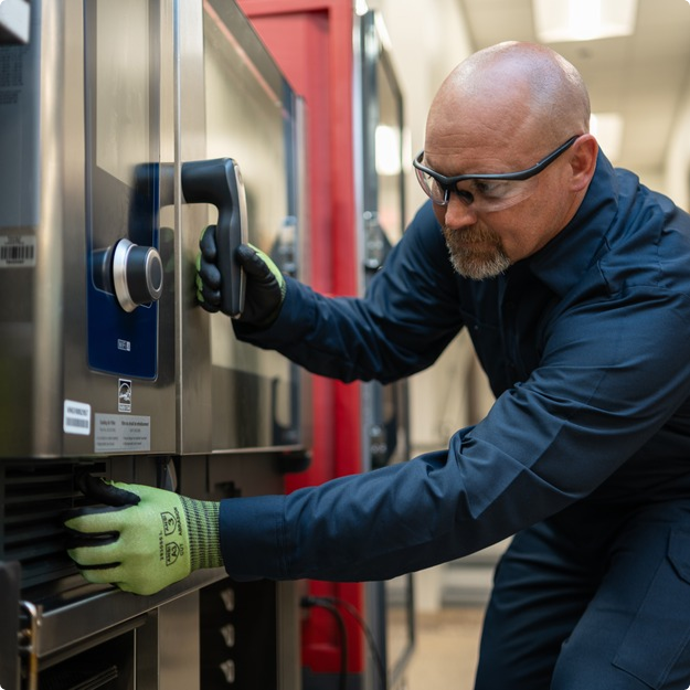 Service technician in safety glasses and gloves servicing a stainless steel commercial appliance