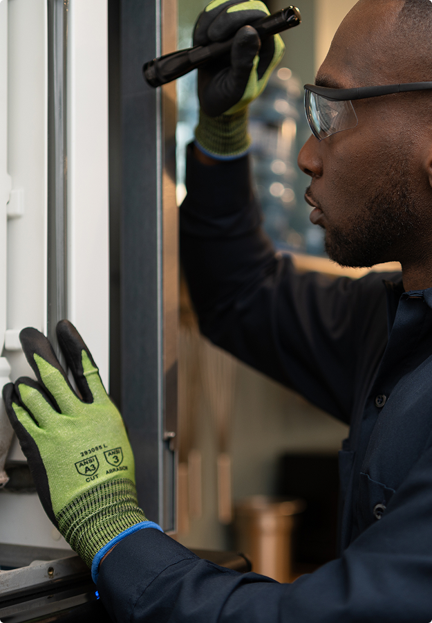 Service technician in work gloves holding a flashlight while inspecting commercial kitchen equipment